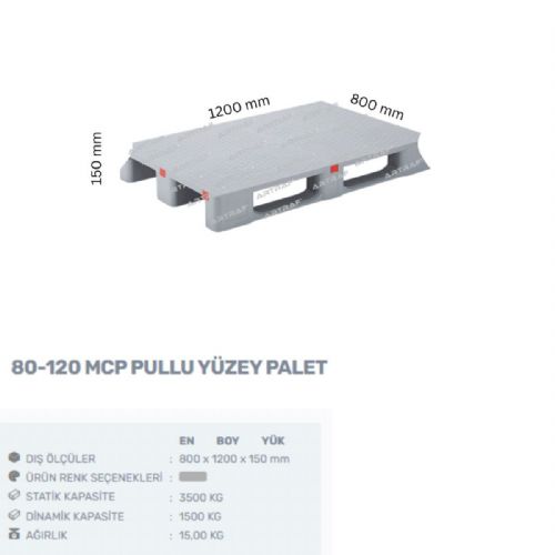 80-120-MCP PLASTİK 3 KIZAKLI ÜZERİ DÜZ ve PULLU YÜZEYLİ PALET