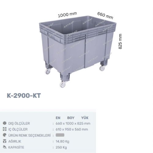 K-2900-KT PLASTİK KAPALI  VE TEKERLEKLİ KONTEYNER KASA